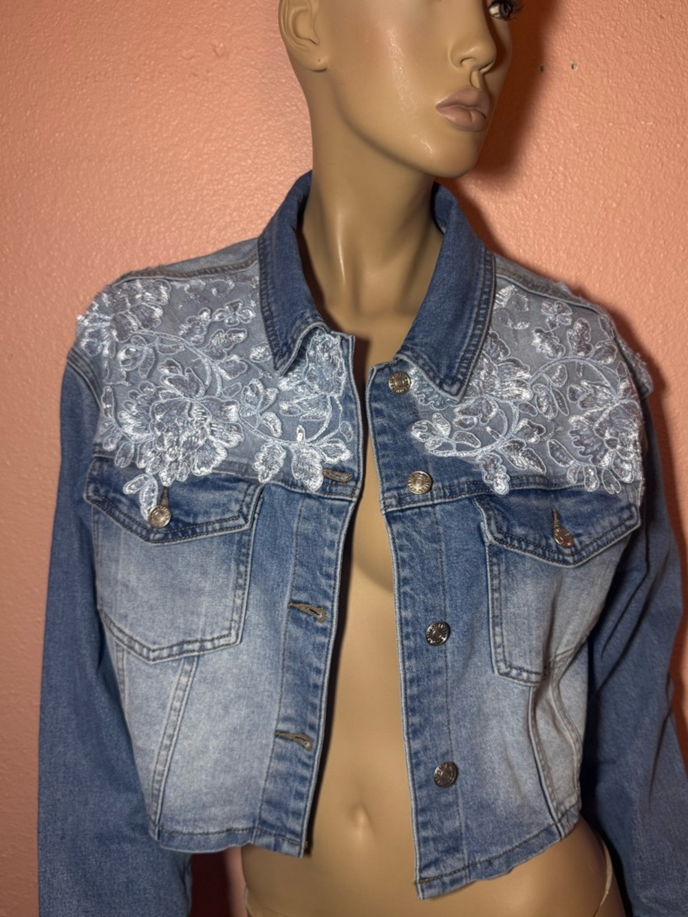Embroidered Denim Jacket Cropped Blue Floral Beaded Boho Western